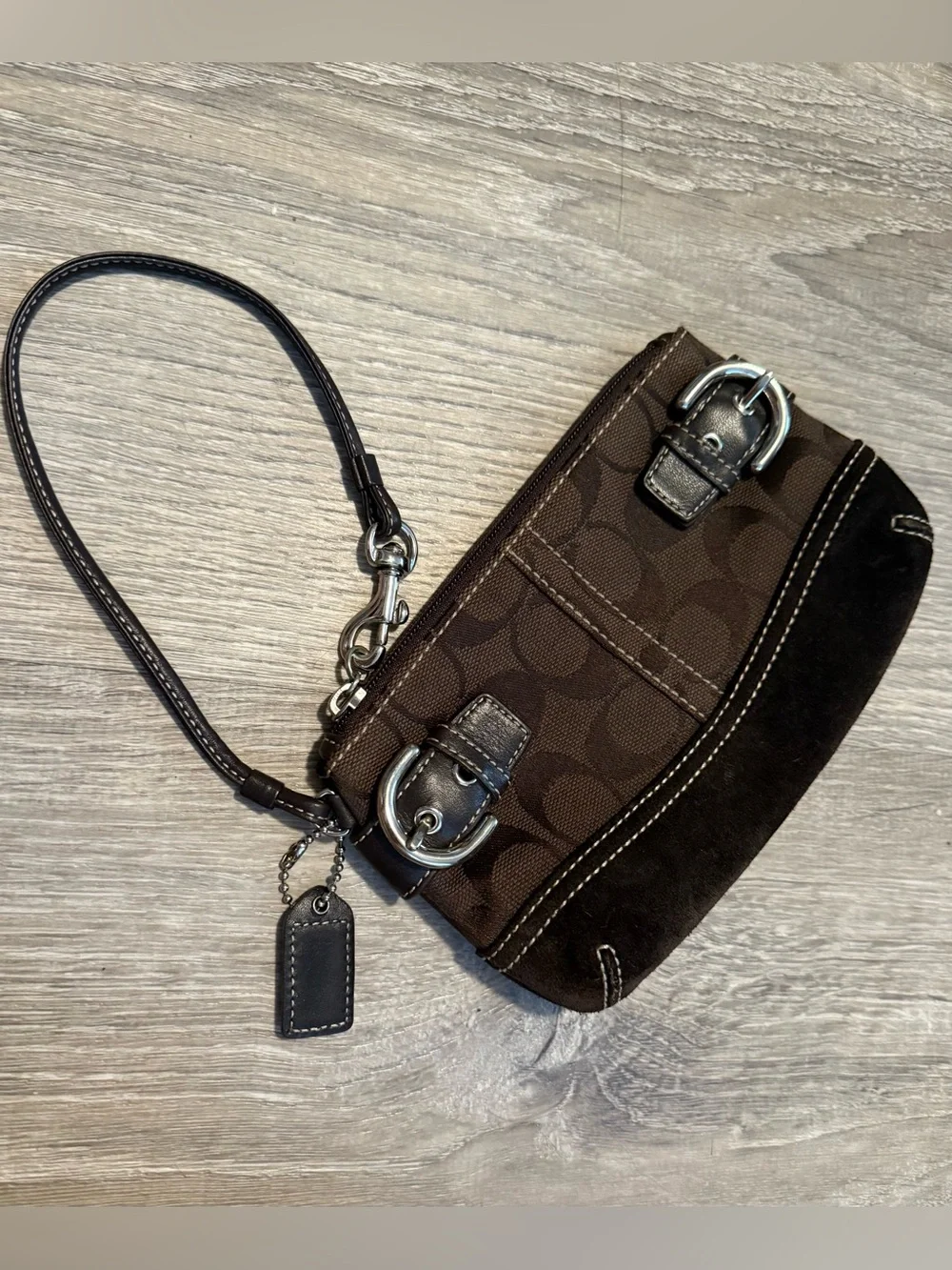 Coach Signature Brown Buckle Accent Wristlet Leather Purse